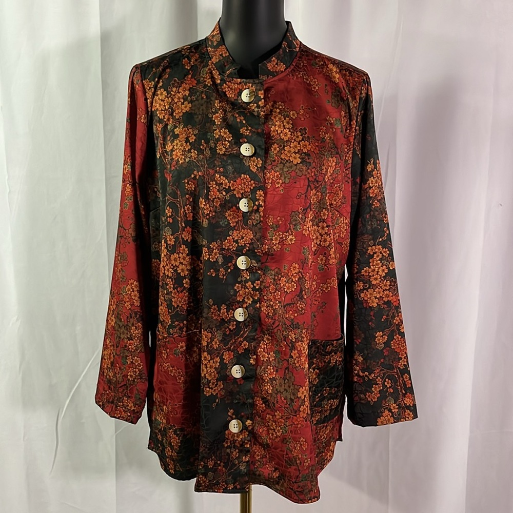 Soft Surroundings Red & Green Japanese Cherry Blossom Print Button Front Blouse